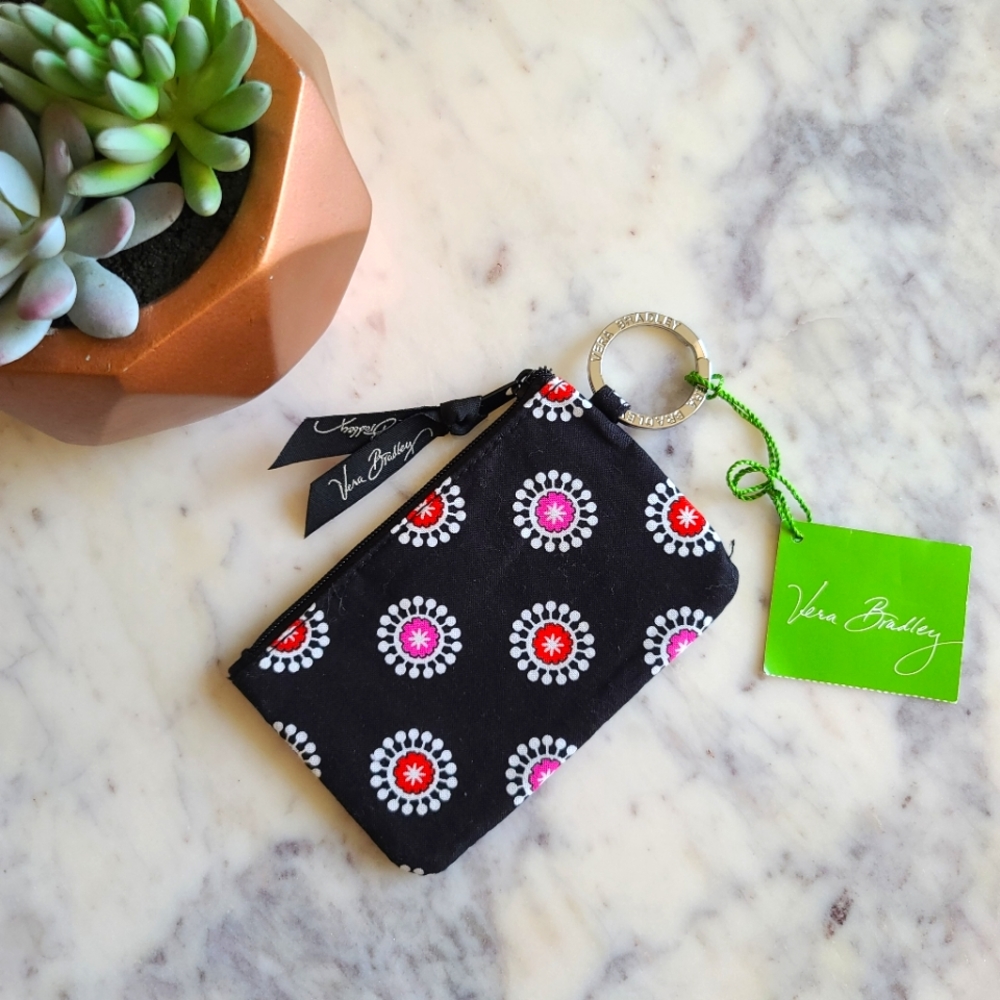 NWT Vera Bradley Black Parisian Pom Poms Print Zip ID Case Keychain Pouch